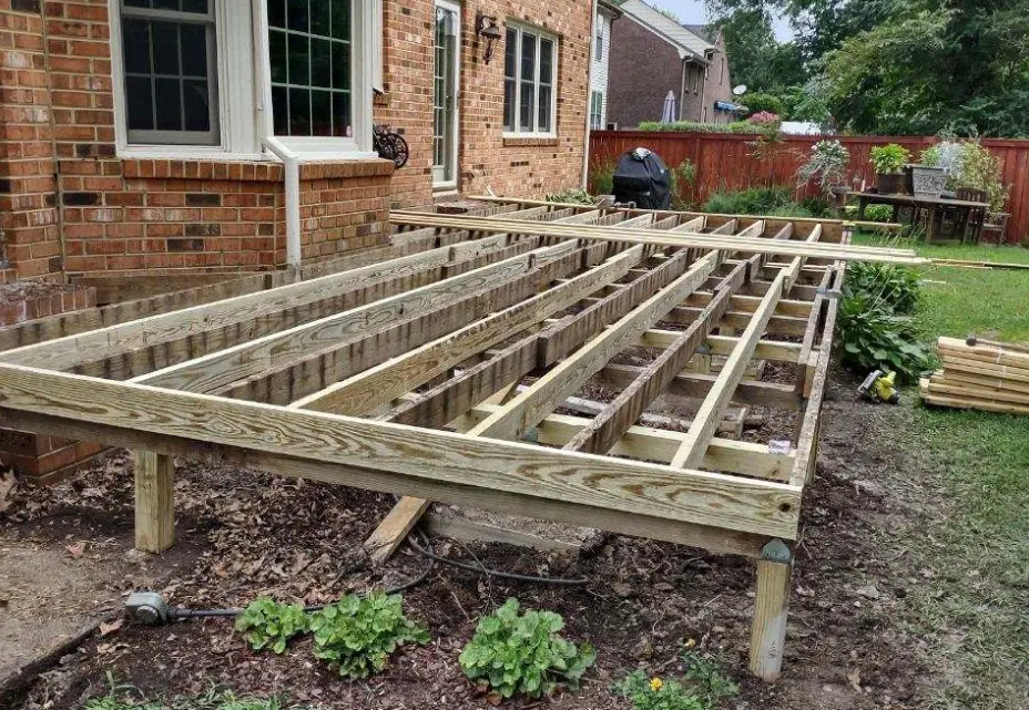 Deck construction in progress backyard