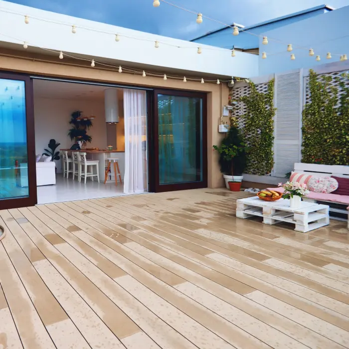 Modern wooden patio with seating