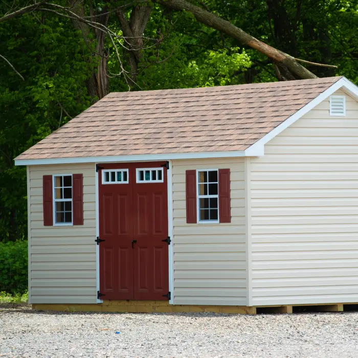 Outdoor storage shed brown doors