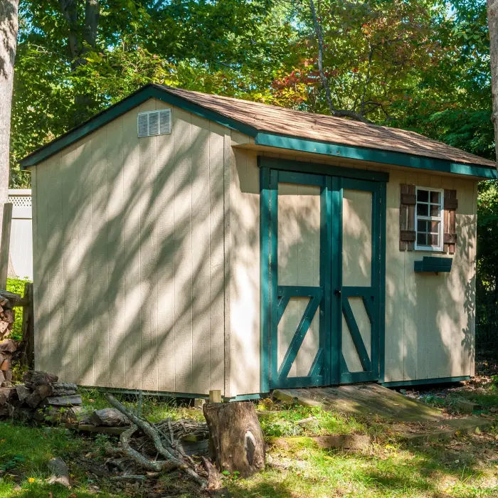 Garden shed in sunlit yard