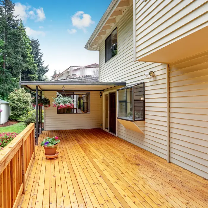 Sunny wooden deck with plants